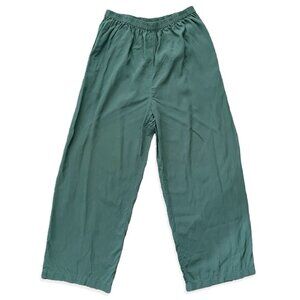 Eileen Fisher 100% Silk Elastic Waist Pull On Pant Womens Size L Green Wide Leg